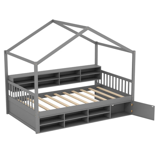 Wooden Single Size House Bed with Roof and 14 Storage Cubes