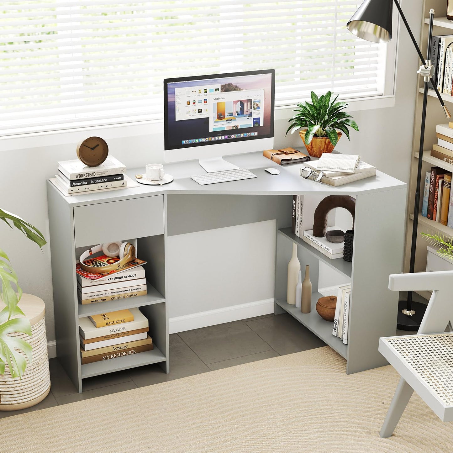 L-Shaped Computer Desk with Storage and Open Shelves for Living Room Bedroom