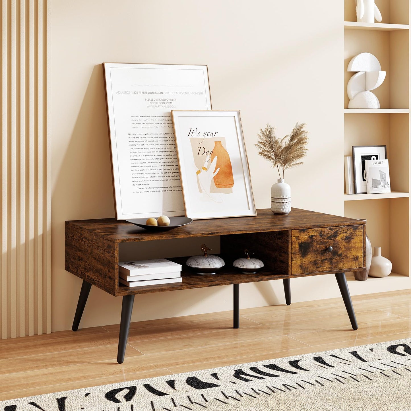 109cm Rectangular Wooden Coffee Table with Drawer and Storage Shelf