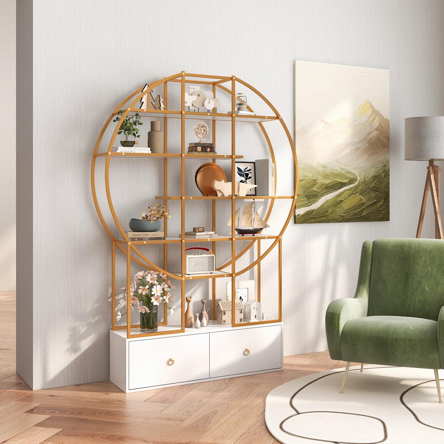 6-Tier Gold Bookshelf with 2 Storage Drawers Staggered Shelves