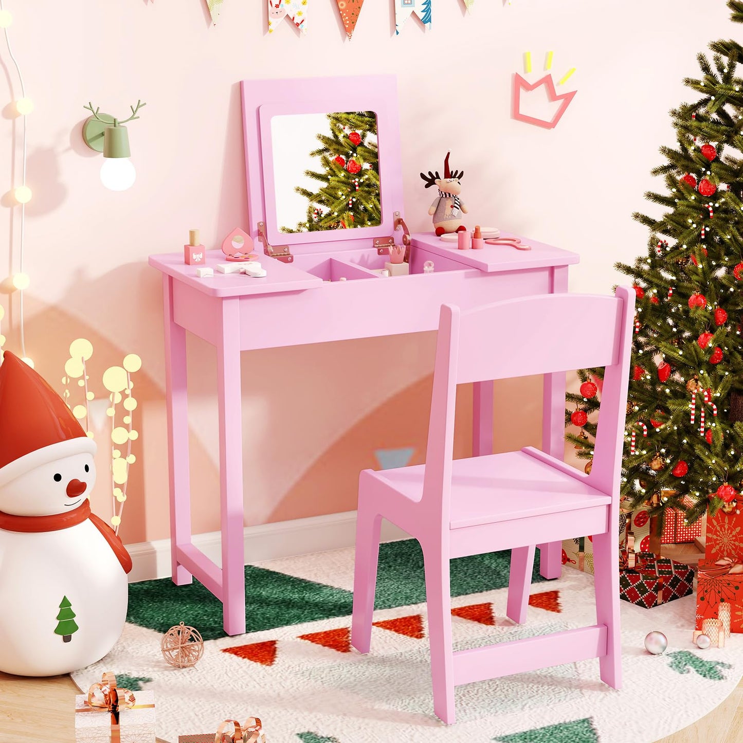 2 in 1 Kids Vanity Table and Chair Set with Flip Top Mirror Hidden Storage