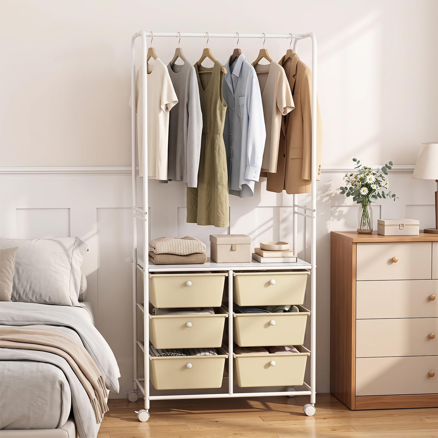 Clothes Rail on Wheels, Clothes Rack with 6 Drawers, Storage Shelf