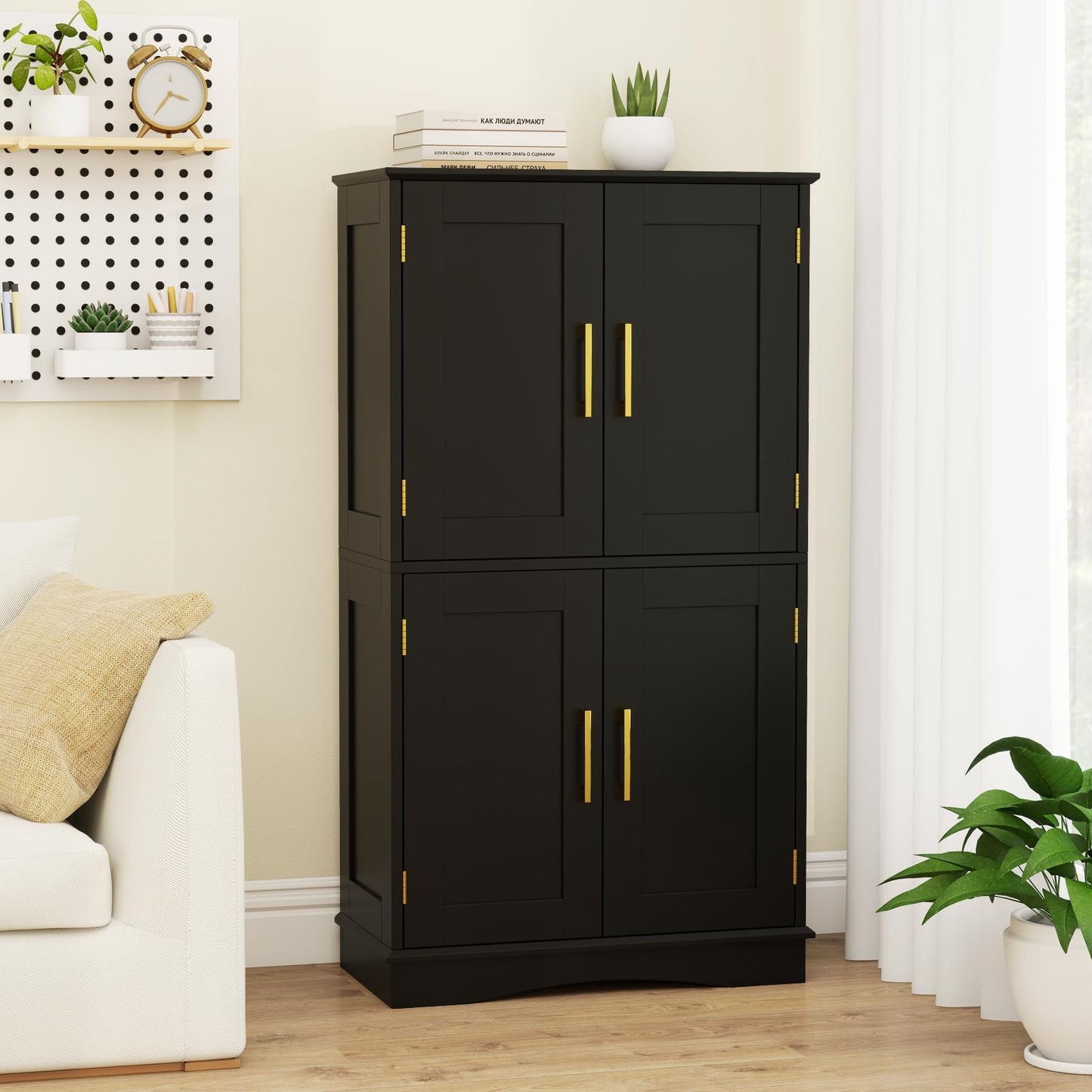 Bathroom Floor Storage Cabinet with 4 Doors and 2 Adjustable Shelves