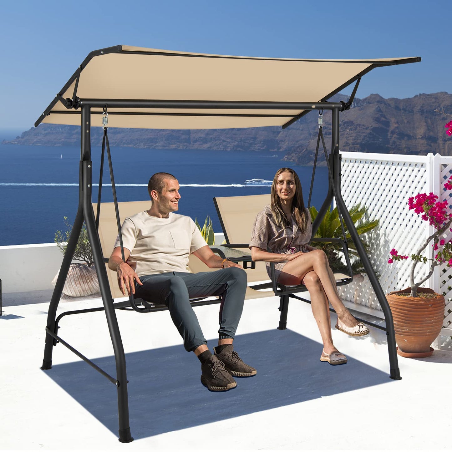 Outdoor Hammock Bench Chair with Adjustable Canopy and Tempered Glass Table