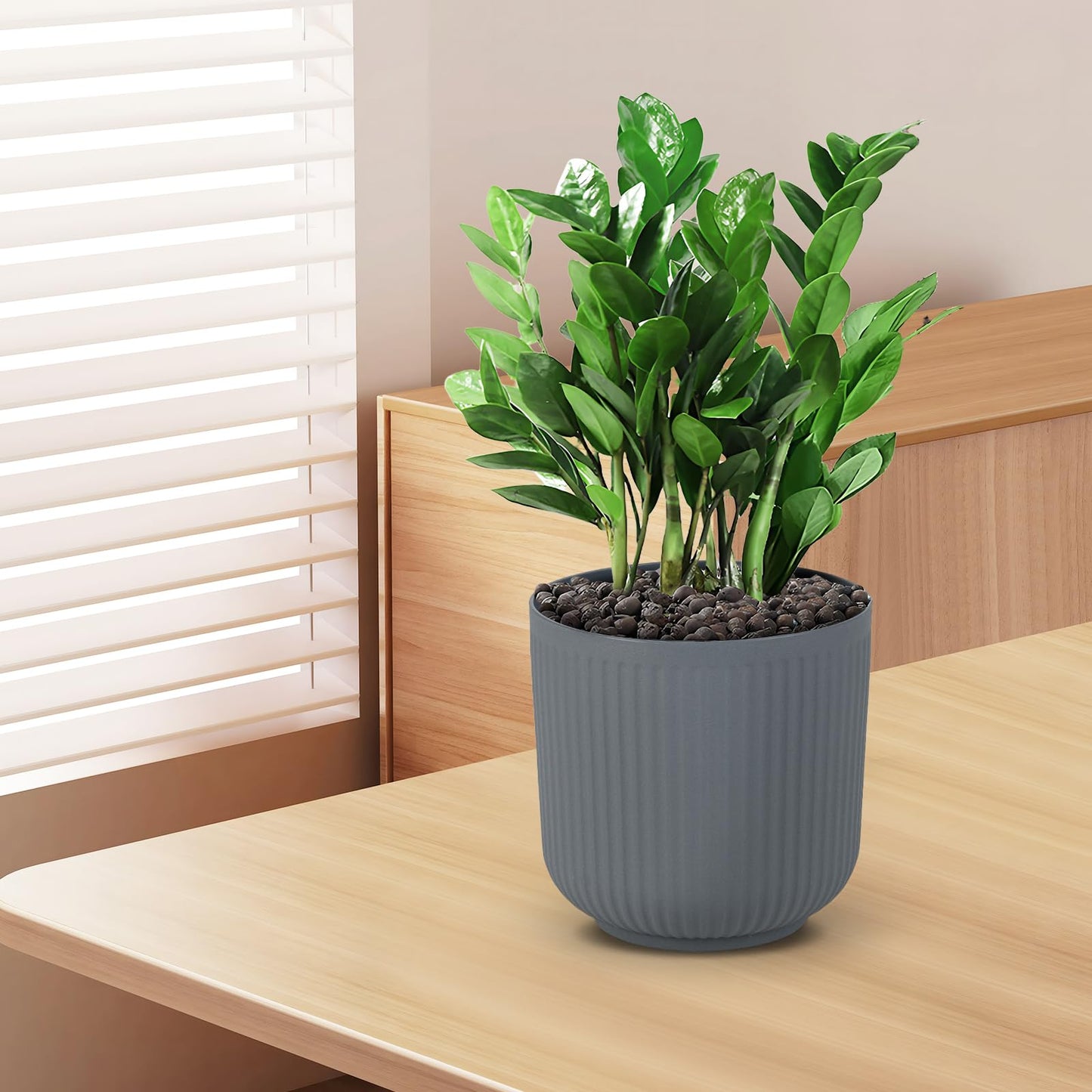 Giantex 2 Pack Round Plastic Planters 32cm Striped Flower Pots with Optional Drainage System