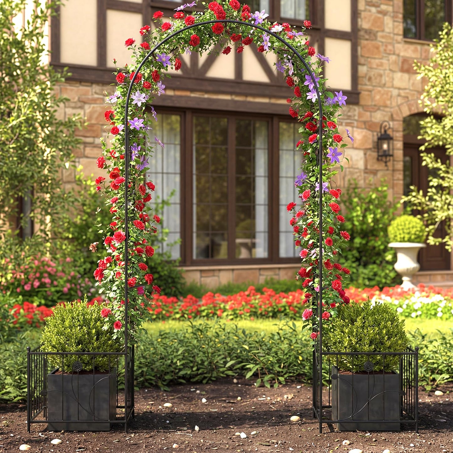 Metal Garden Arbor with Planter Boxes and Ground Stakes for Climbing Plants