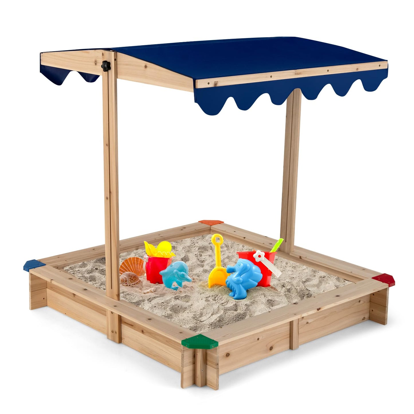 Wooden Kids Sandbox with Height-Adjustable Canopy and Protective Corners