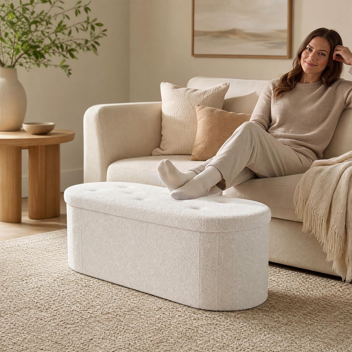 Oval Storage Ottoman Bench, Boucle Folding Footstool