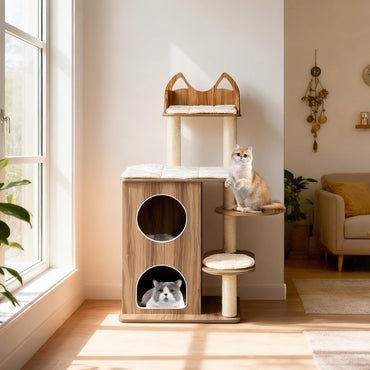 Wooden Cat Tree, 122cm Tall Multi-Layer Cat Tower with Cute Top Perch