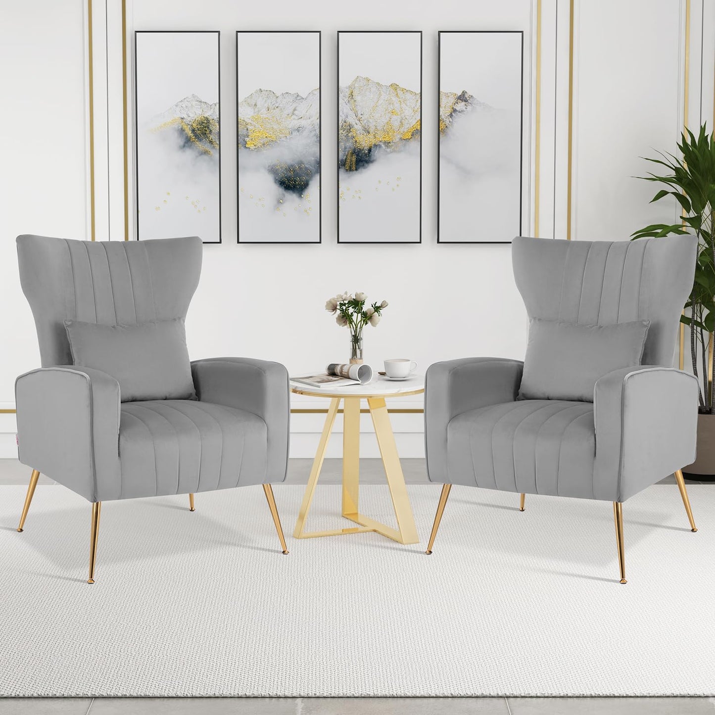 Velvet Upholstered Wingback Chair with Lumbar Pillow and Golden Metal Legs