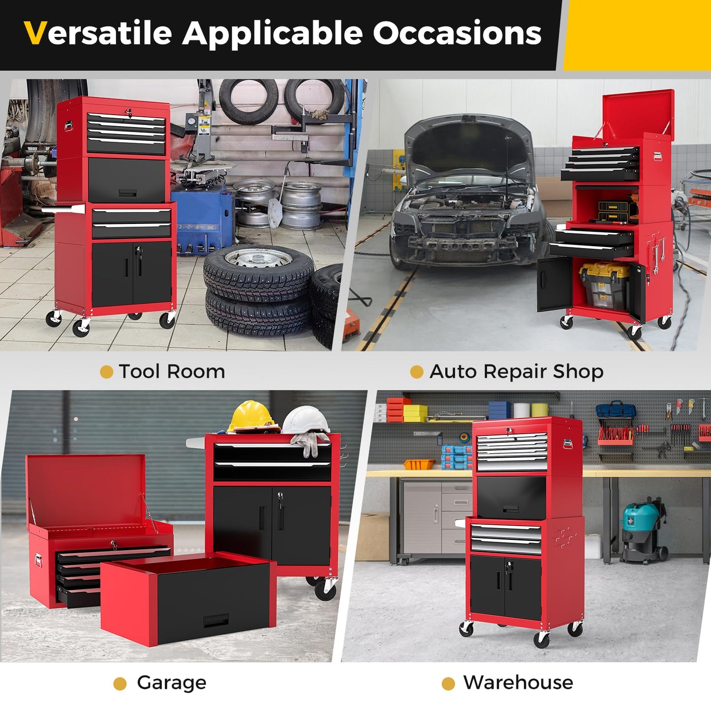 6 Drawer Rolling Tool Chest with Universal Wheels and Hooks