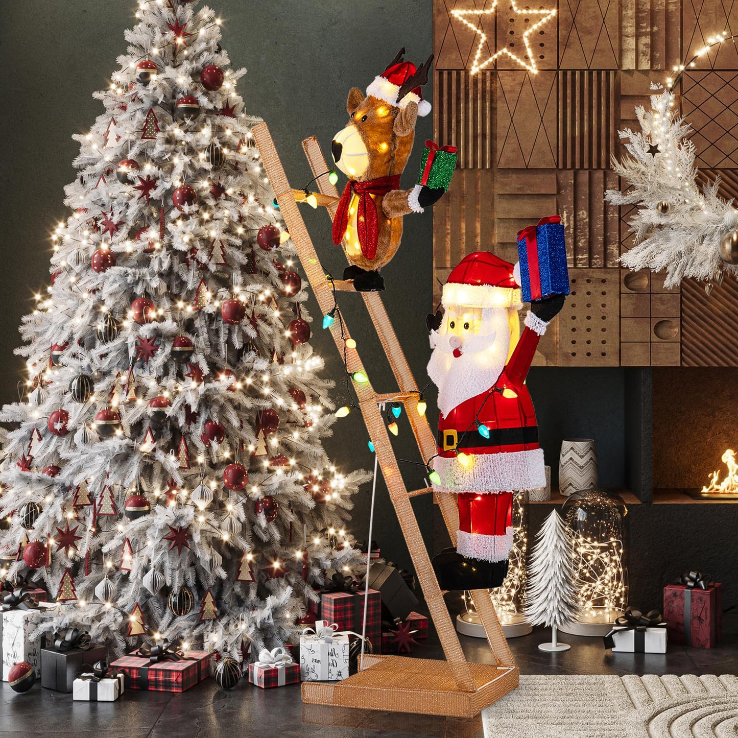 5.5 Feet Lighted Reindeer and Santa Claus on Ladder 3D Pre-Lit Indoor Outdoor