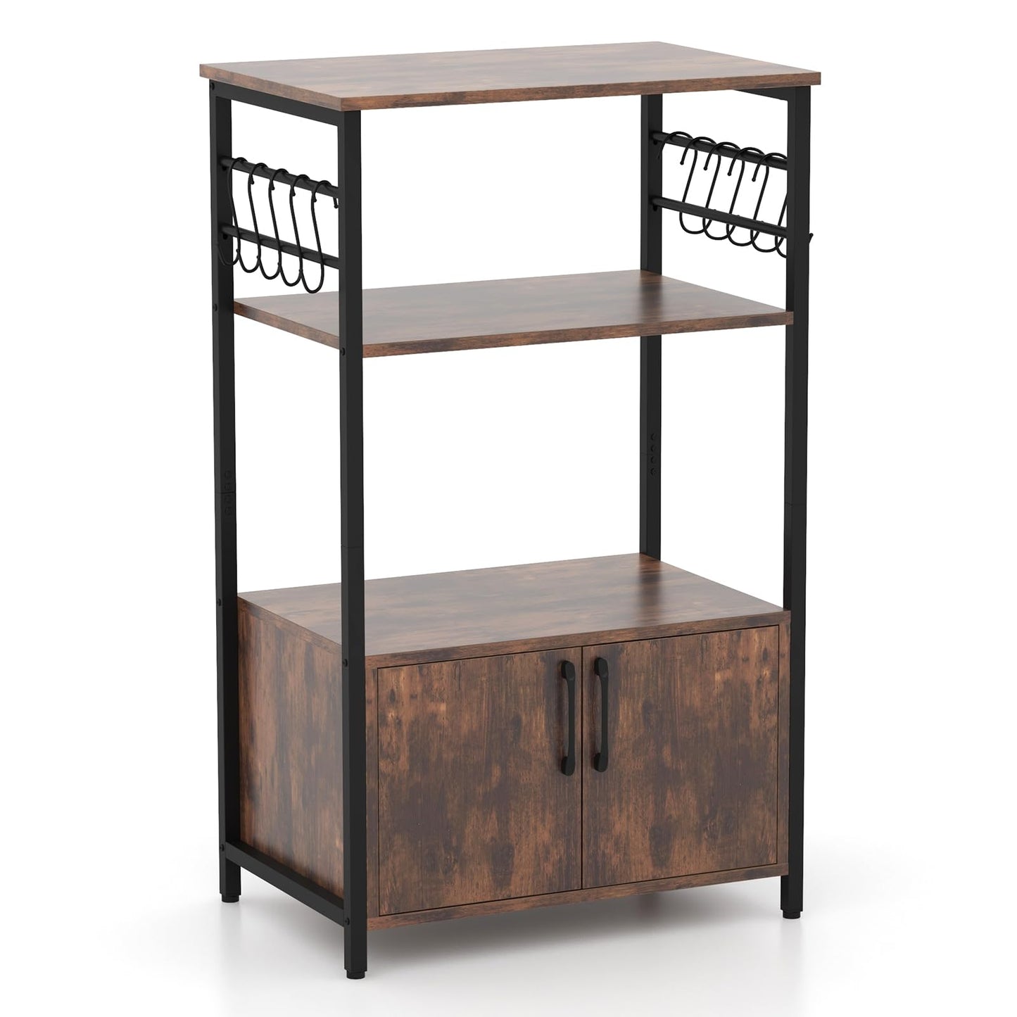 3-Tier Kitchen Bakers Rack with Cabinet Open Shelves and 10 Removable S-Shaped Hooks