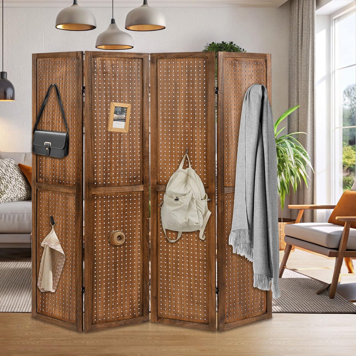 4 Panel Folding Room Divider with Pegboard Display Wooden Wall Privacy Screen Protector