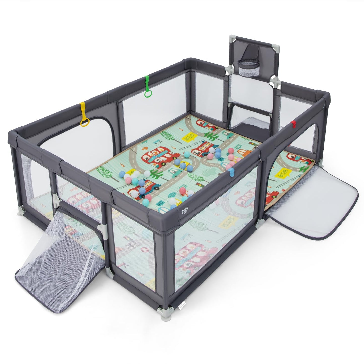 Toddler Mesh Play Pen with Mat, Pull Rings, Basketball Hoop