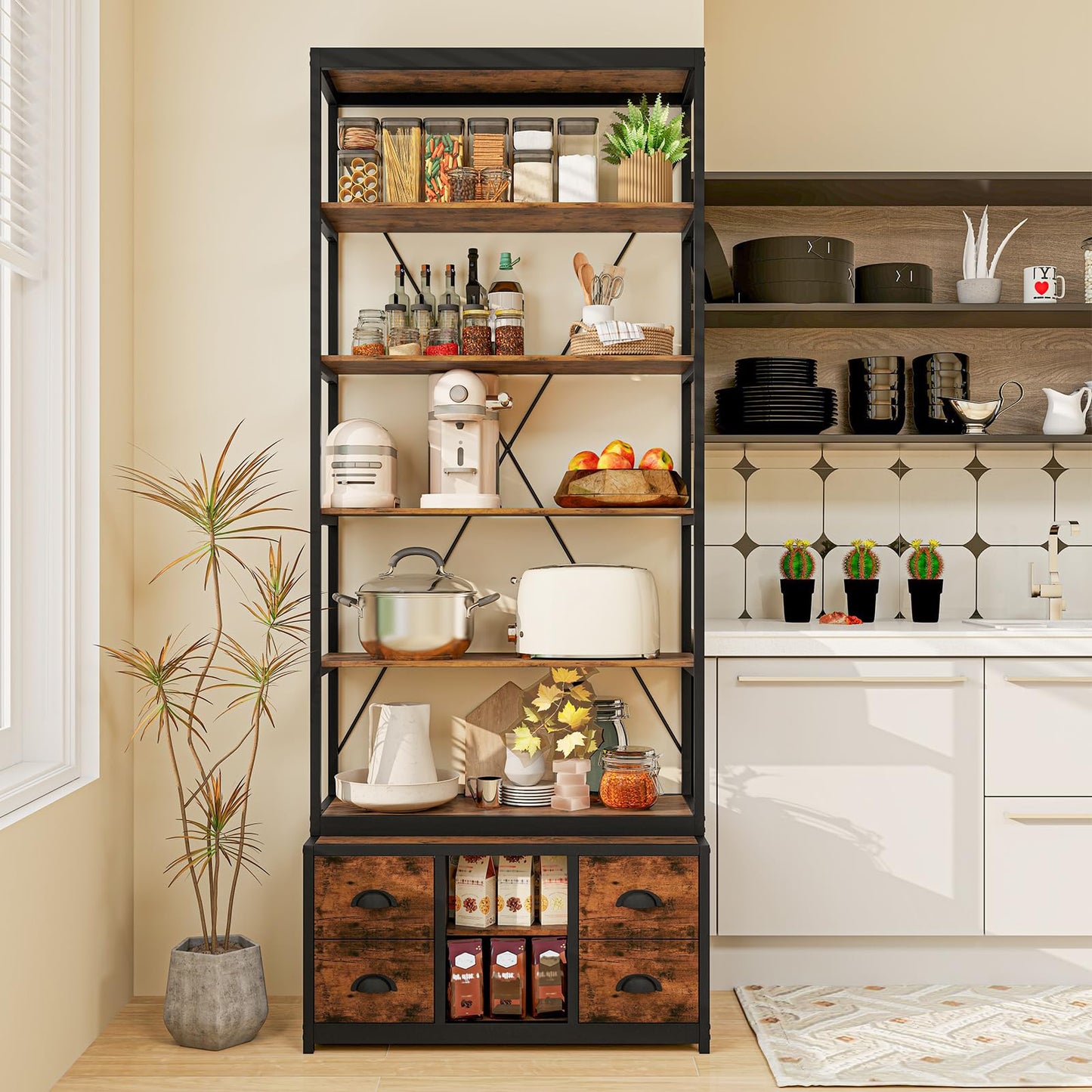 8-tier Bookshelf with Storage and 4 Fabric Drawers