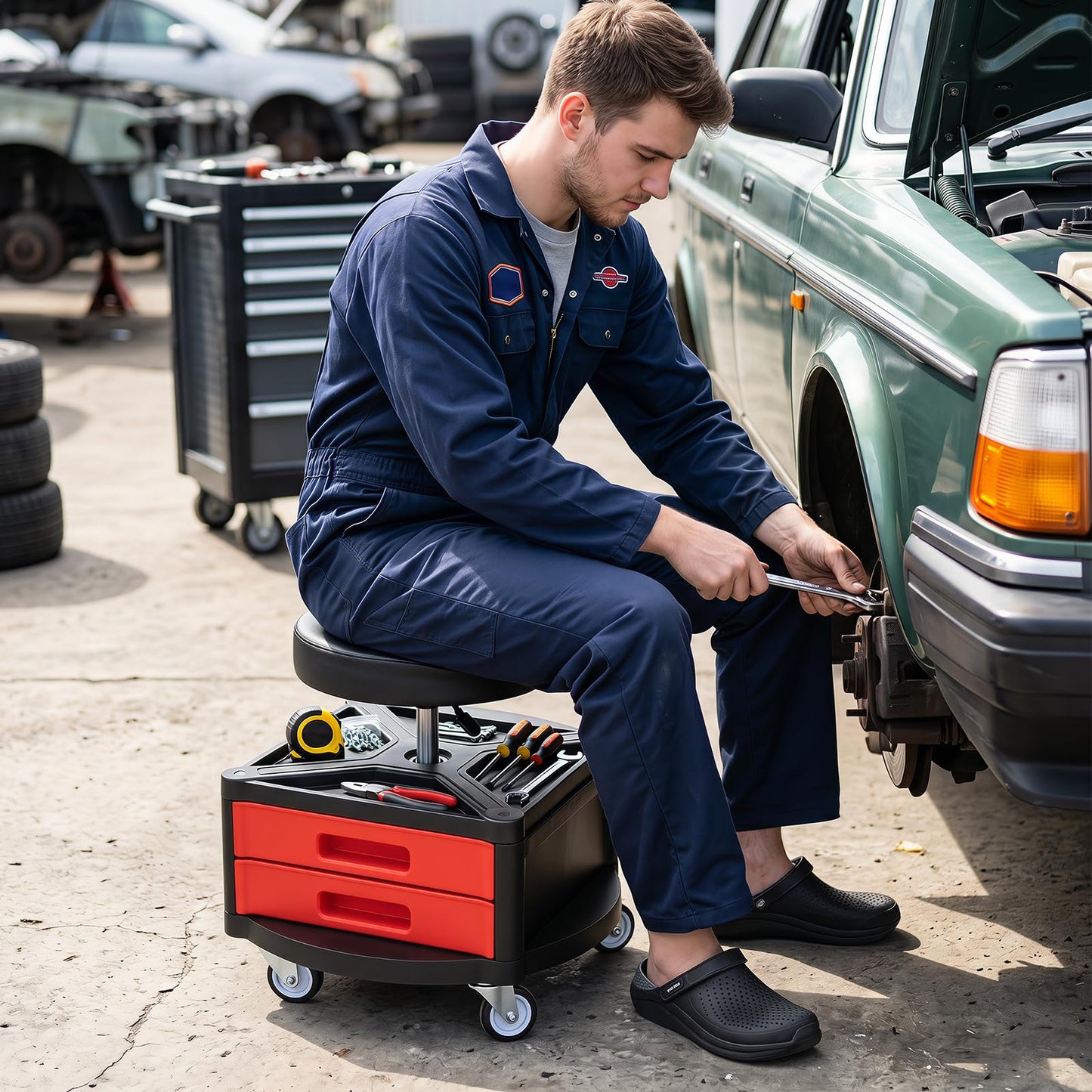 Height-Adjustable Rolling Mechanic Stool with Cushioned Seat Tool Tray for Repair Shop