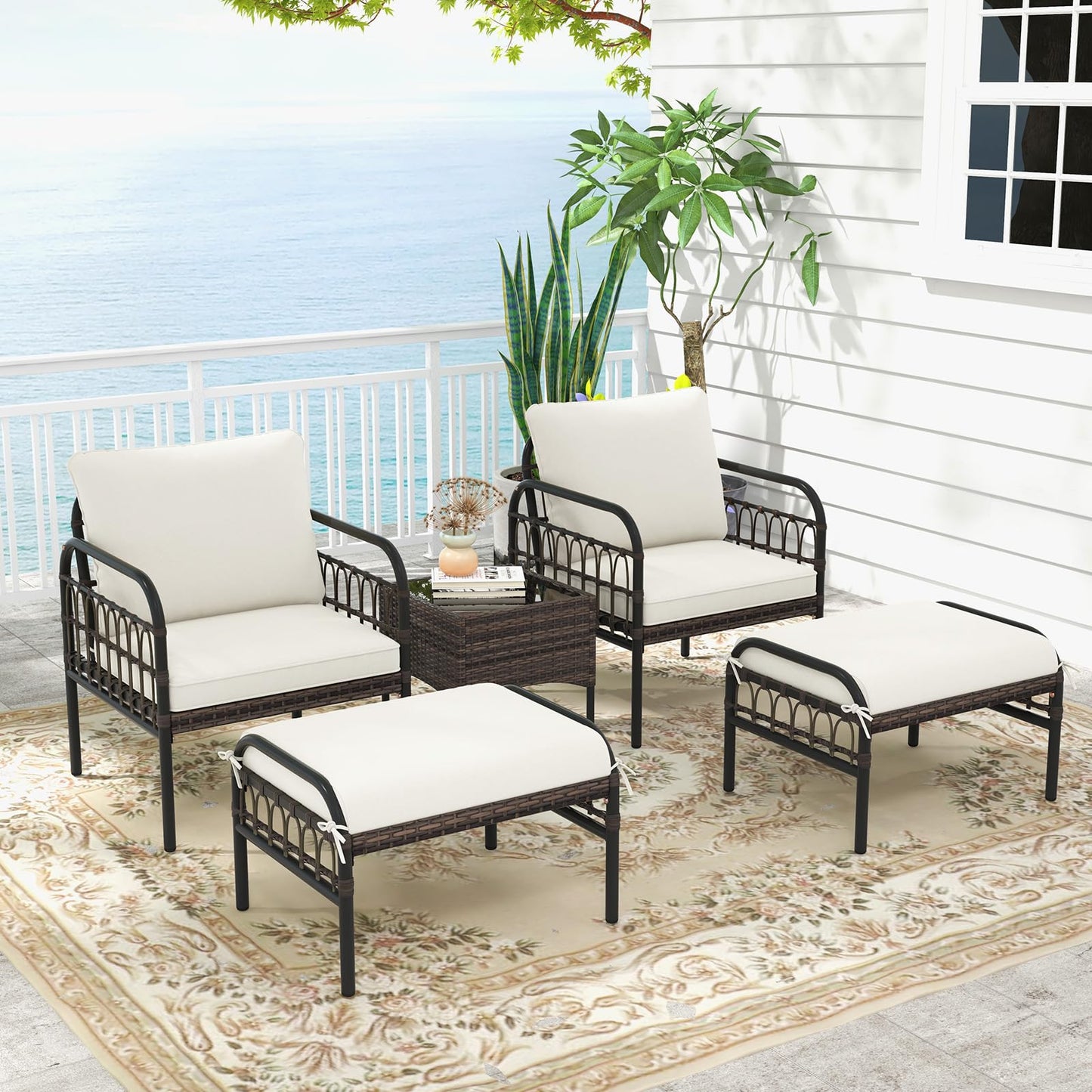 5PCS Rattan Garden Furniture Set for Balcony Yard Poolside