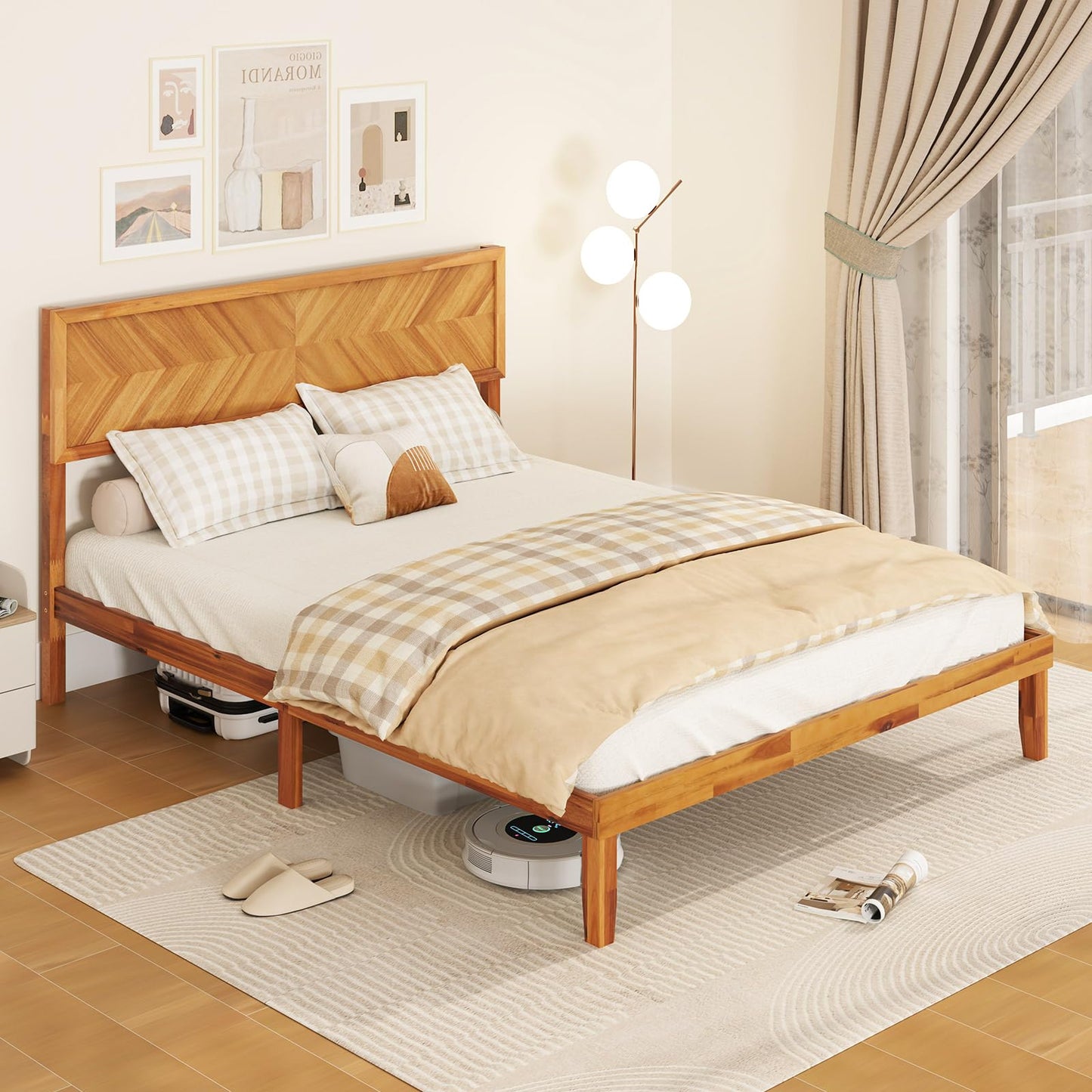 Mid-Century Acacia Wood Bed Frame with Headboard