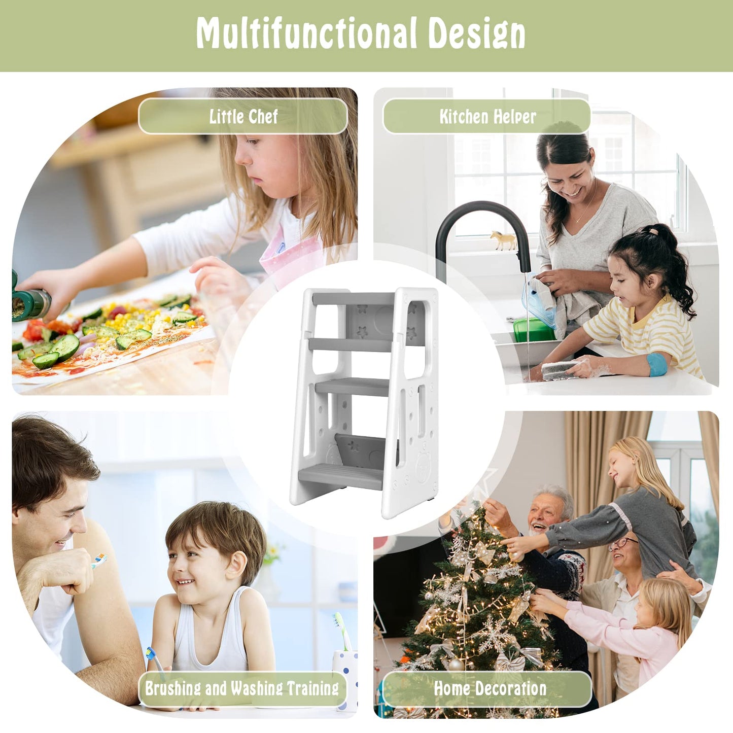 Height Adjustable Toddlers Kitchen Helper Stand with Double Safety Rails