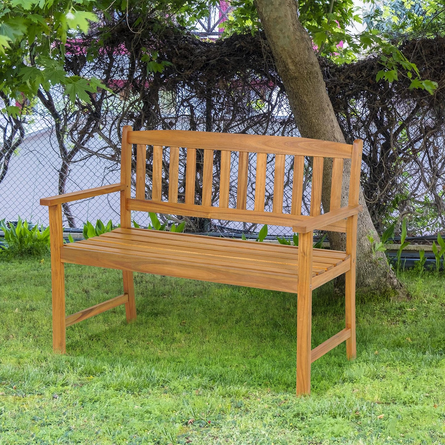 2-Person All-Weather Acacia Wood Patio Loveseat Park Bench Chair