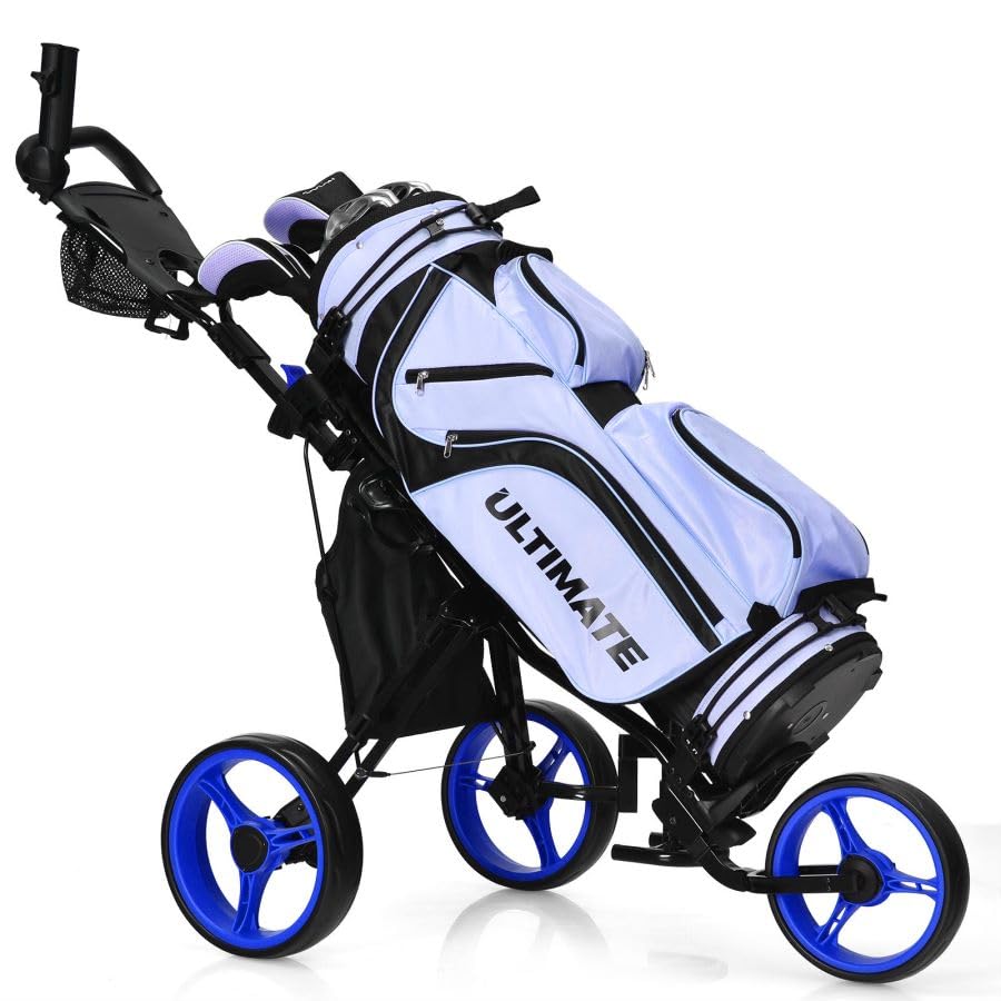 Golf Push Pull Cart with Storage Bag and Foot Brake