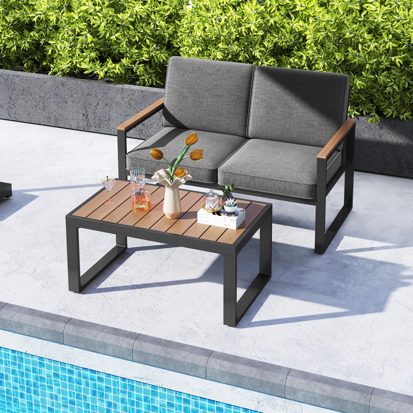2-Seater Patio Aluminum Furniture Set with Coffee Table and Cushions
