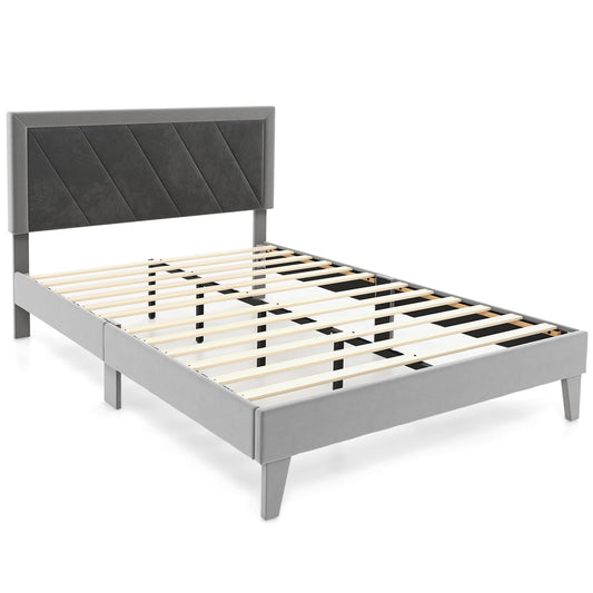 3FT/4FT6 Bed Frame, Single/Double Velvet Upholstered Platform Bed with Headboard