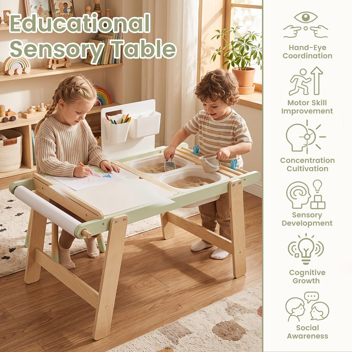 Kids Sensory Table with Double-Sided Board, 3 Foldable Bins, Rack