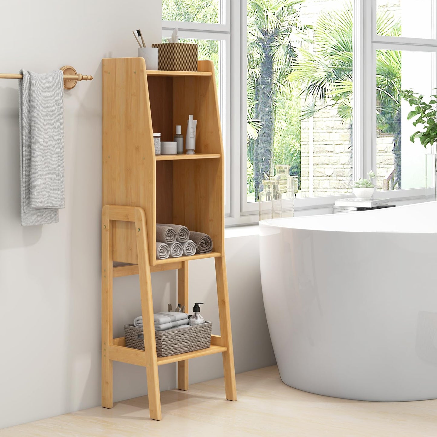 3 Tier Free Standing Tall Bamboo Bookshelf with Legs