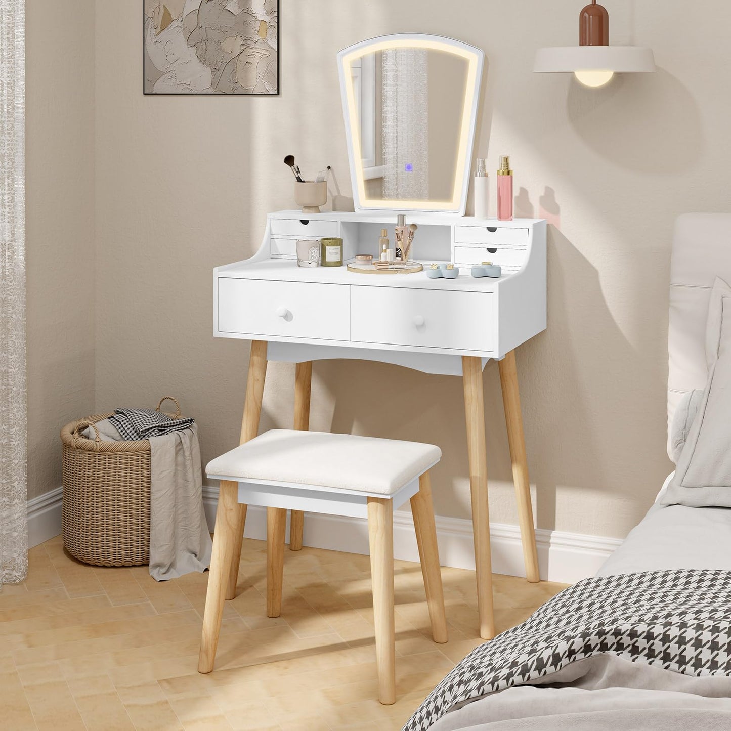 Dressing Table and Chair Set with 3 Lighting Modes and Natural Pine Wood Legs