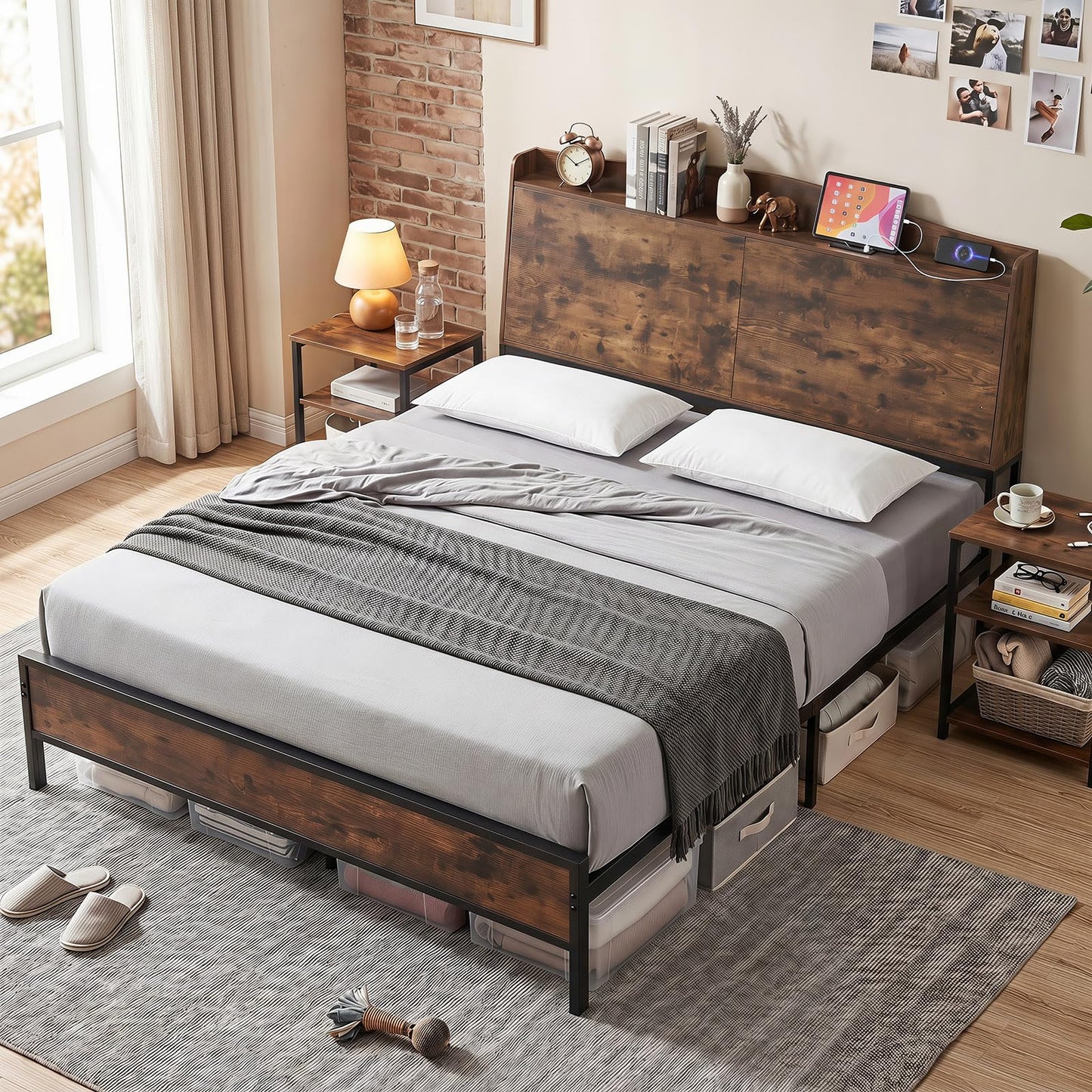 King Size Industrial Metal Platform Bed Frame with Charging Station and Storage Headboard