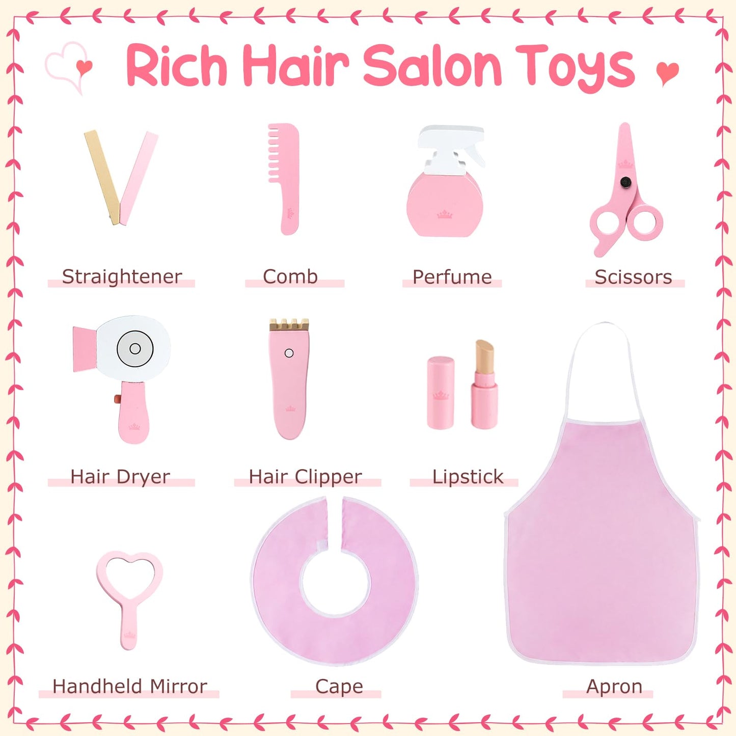 Kids Hair Salon Play Set with LED Lighted Mirror Wooden Pretend Hair Salon Station