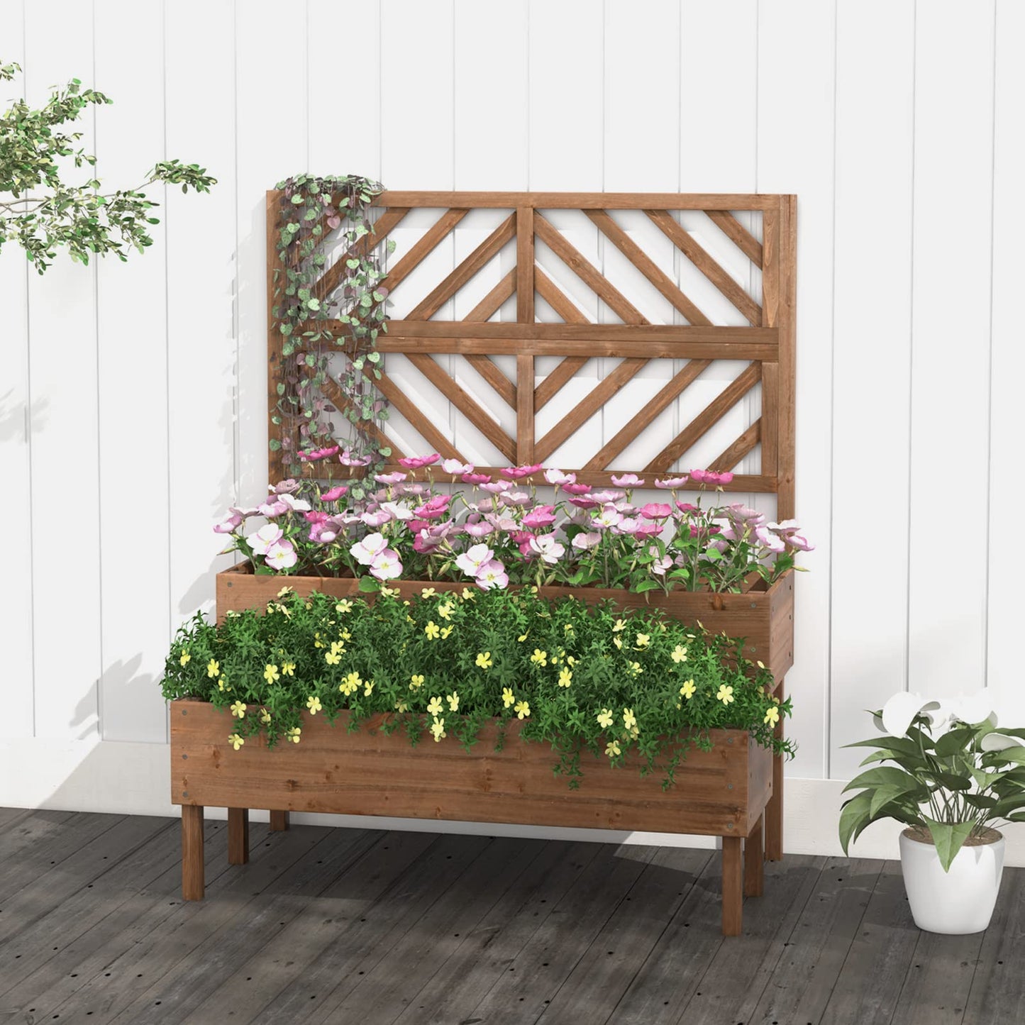 2-Tier Wooden Raised Garden Bed with Trellis and Drainage Holes