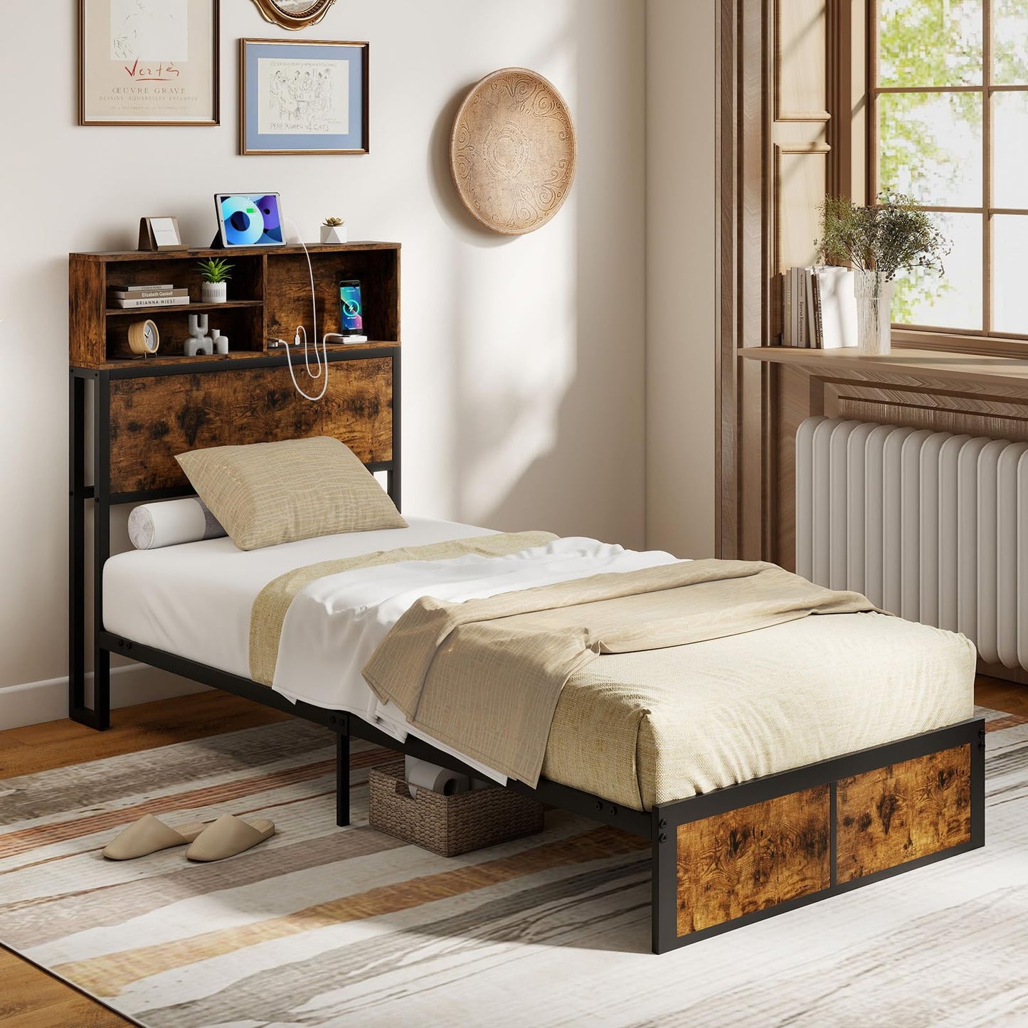 Bed Frame with Charging Station and Storage Headboard