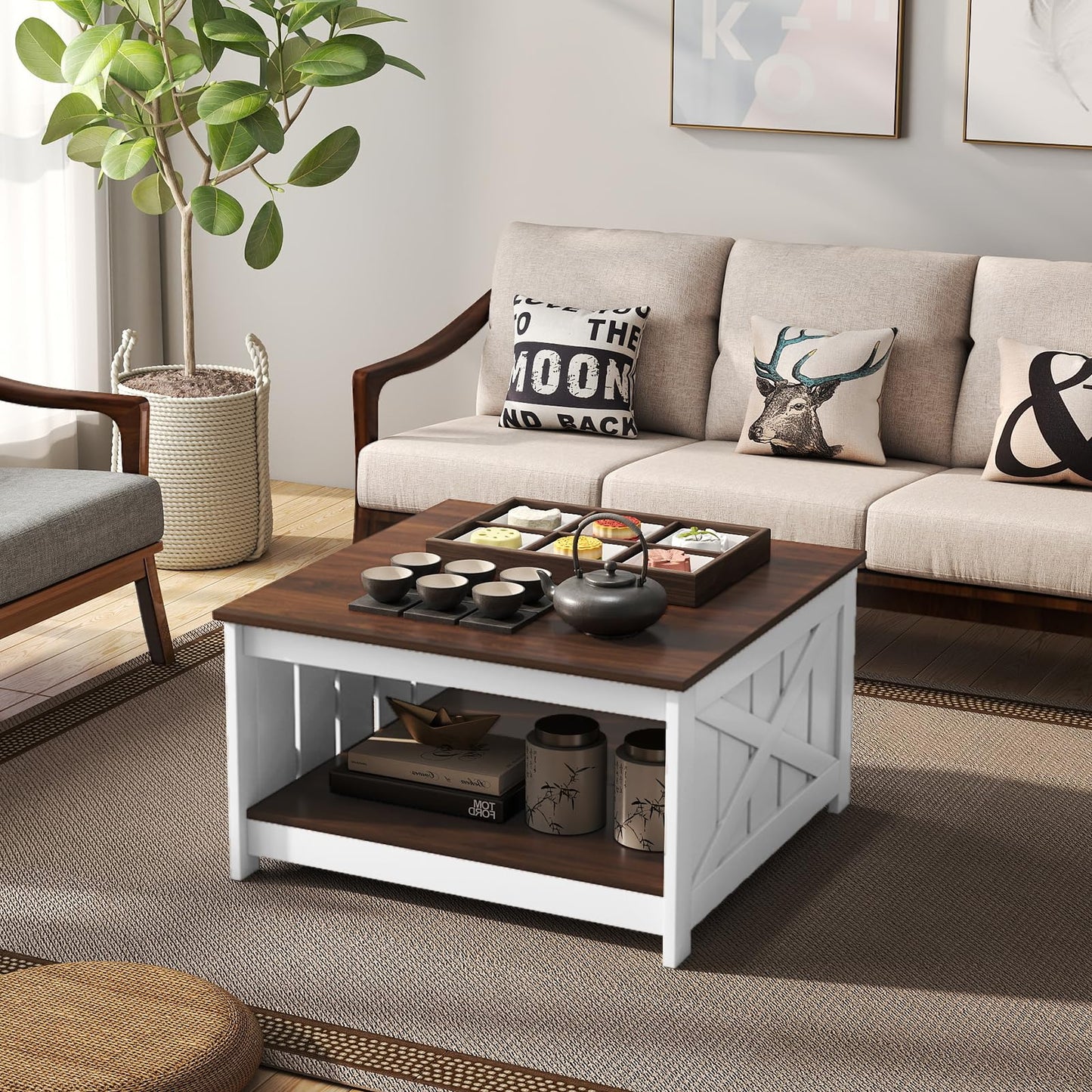 Farmhouse Coffee Table with Storage Shelf and Open Compartment