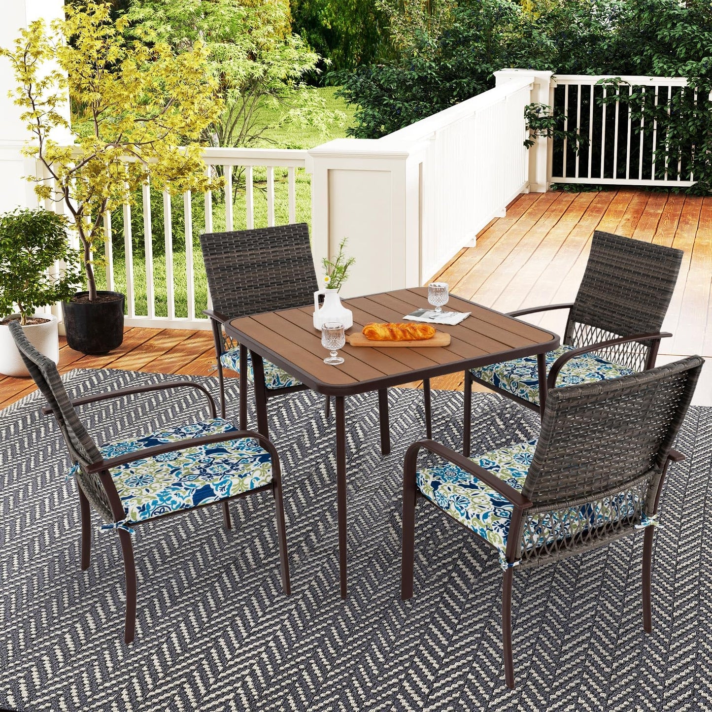 Square Garden Table with 4 Rattan Armchairs