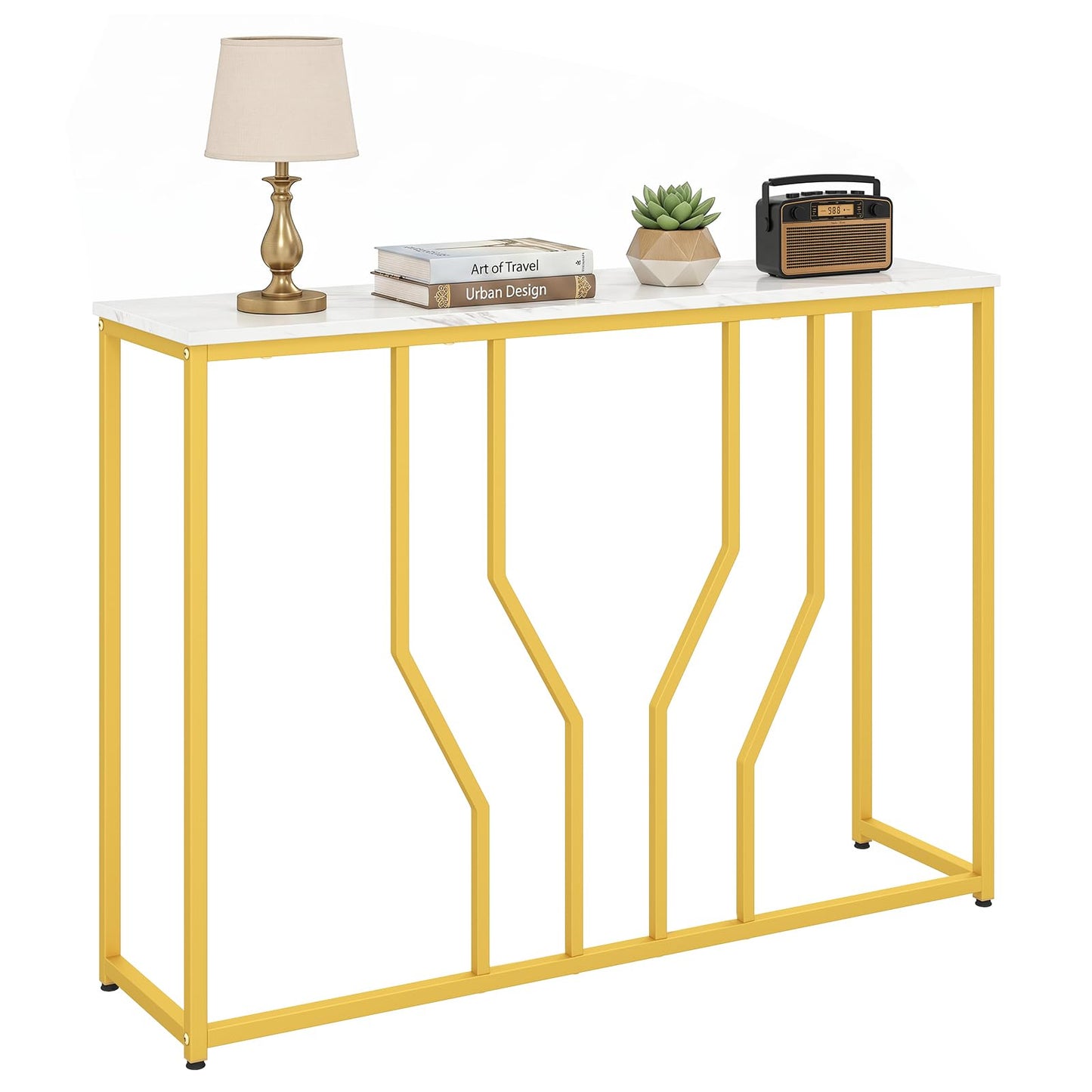 110 cm Gold Console Table Entryway Table with Faux Marble Tabletop