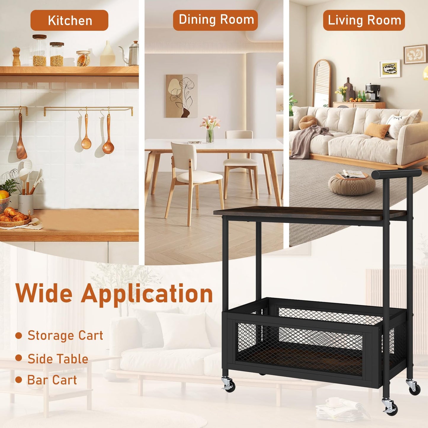 Rolling End Table with Handle 2-Tier Sofa Side Table with Open Shelf