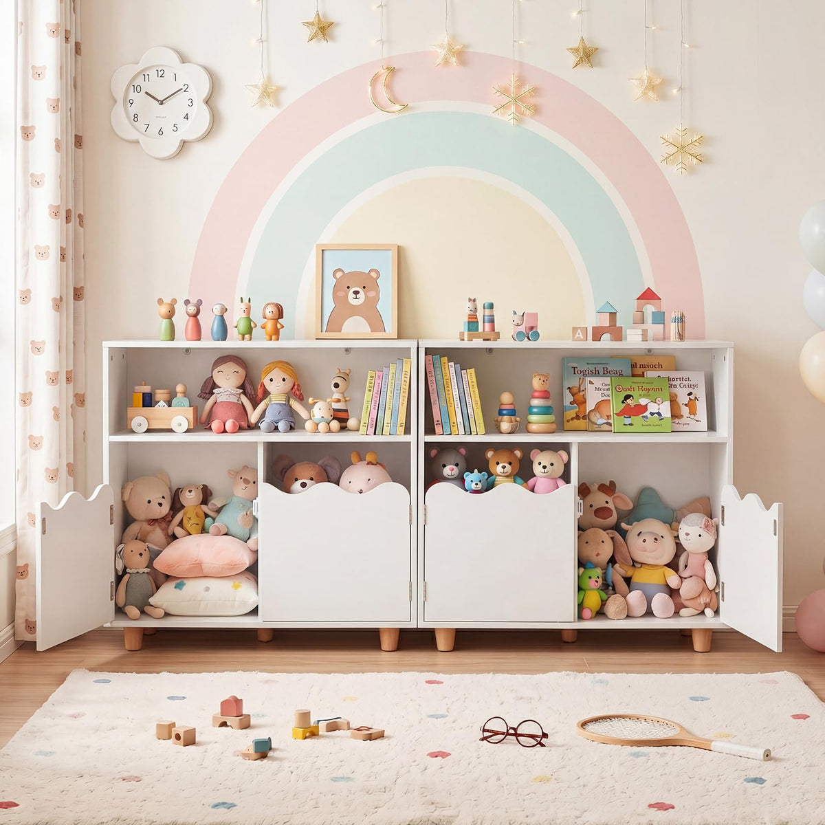 Wooden Bookshelf with 2 Anti-Toppling Devices and Top Surface Open Compartment