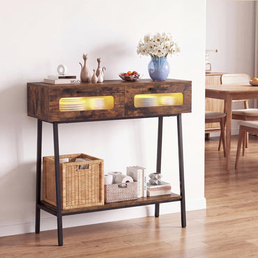 2-Tier Farmhouse Console Table with Colorful LED Lights and Open Shelf