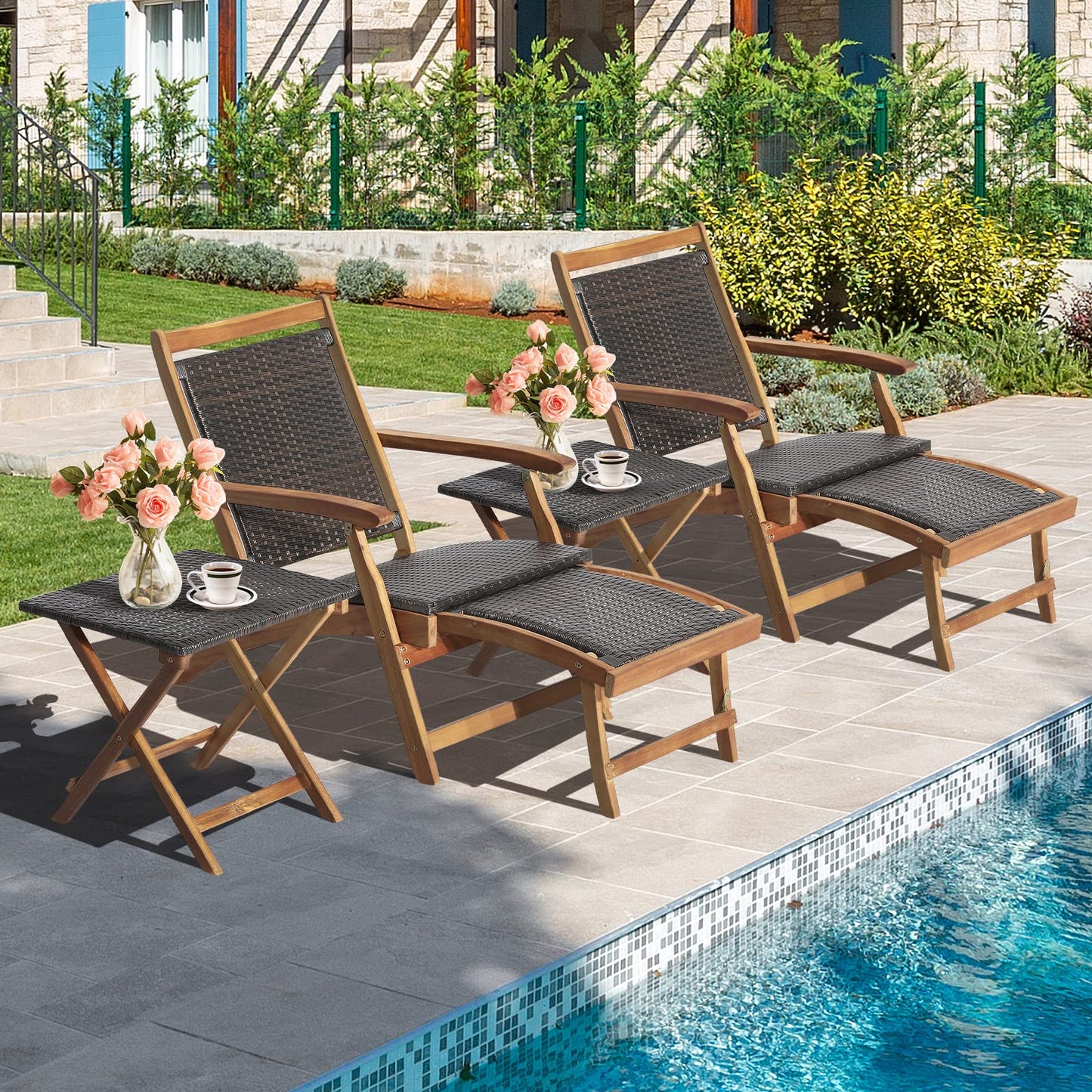 Folding Sun Lounger with Retractable Footrest & Wicker Side Table