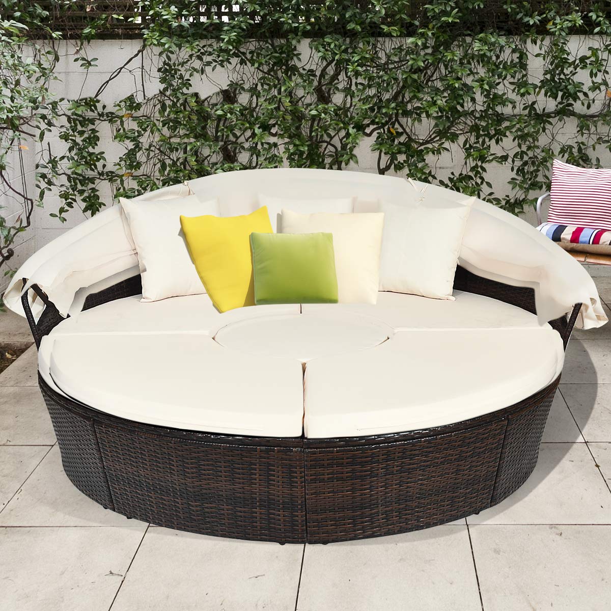 Patio Wicker Sun Bed Sectional Sofa Set with Retractable Canopy