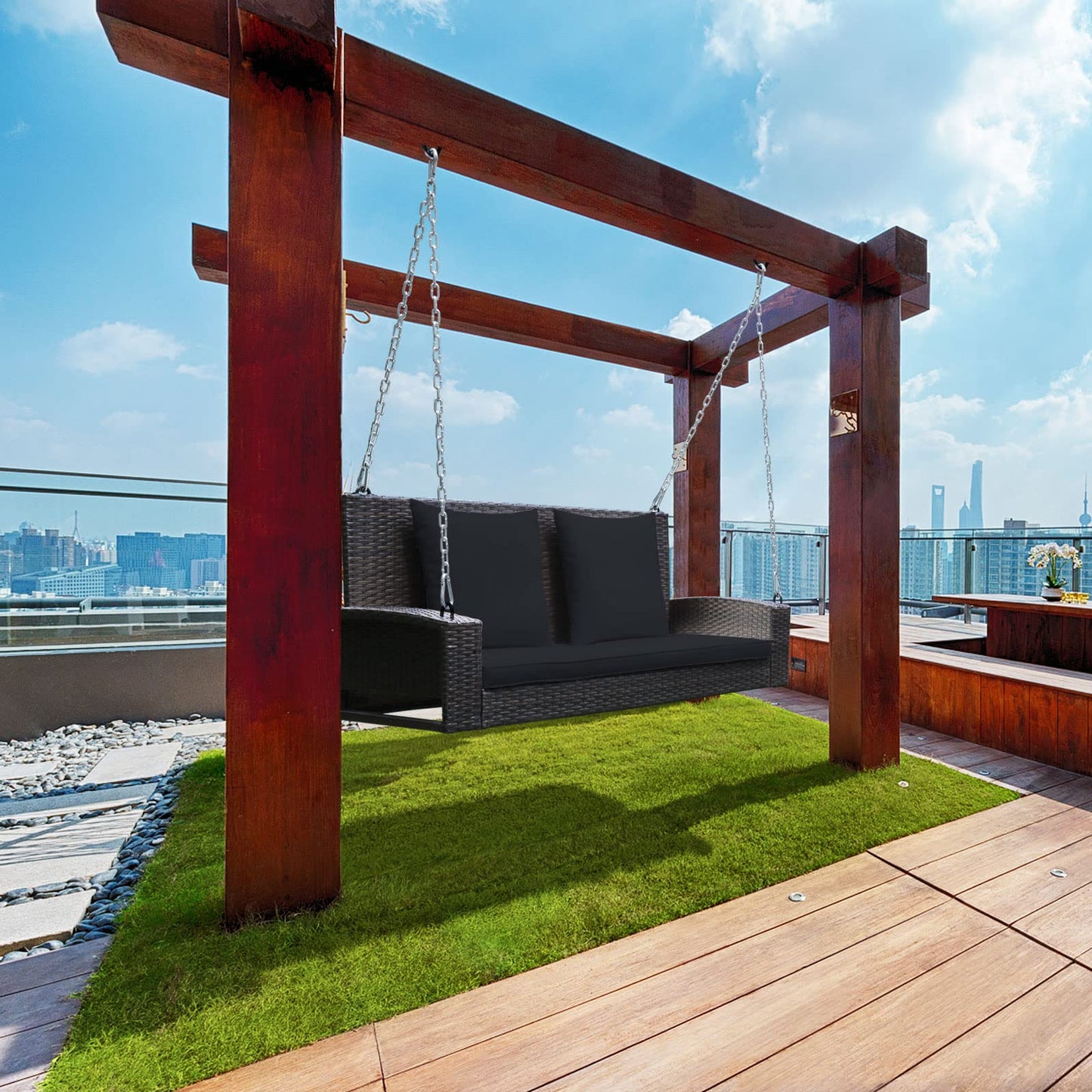 2-Seat Patio Rattan Porch Swing with Two Solid Steel Chains