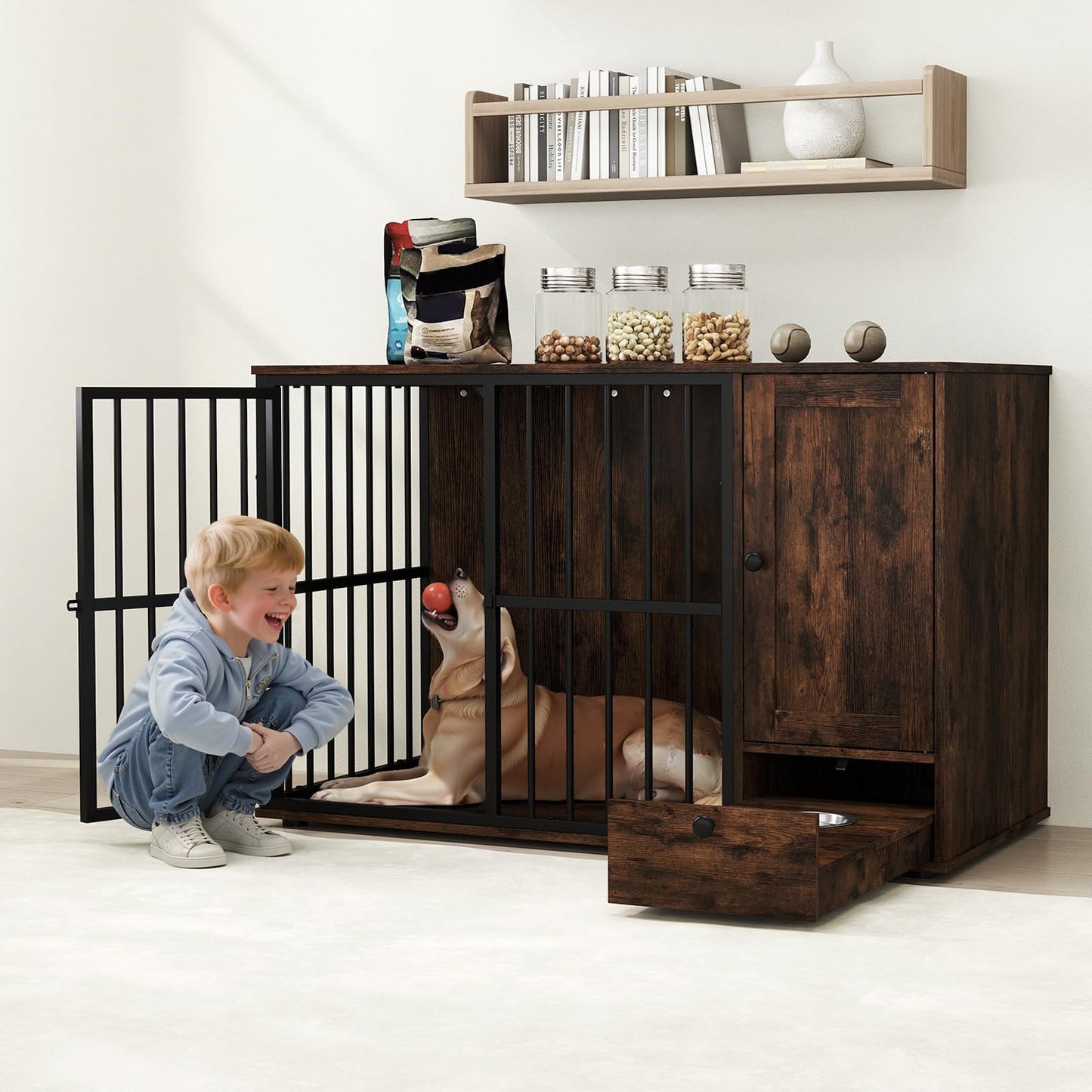 120CM Dog Crate Furniture with Hidden Pull-out Bowls in Drawer Rating: