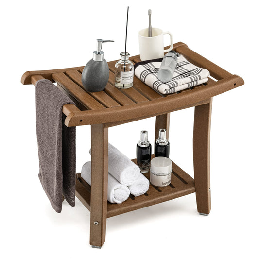 2-Tier Slatted Spa Bath Stool with Storage Shelf & Handles