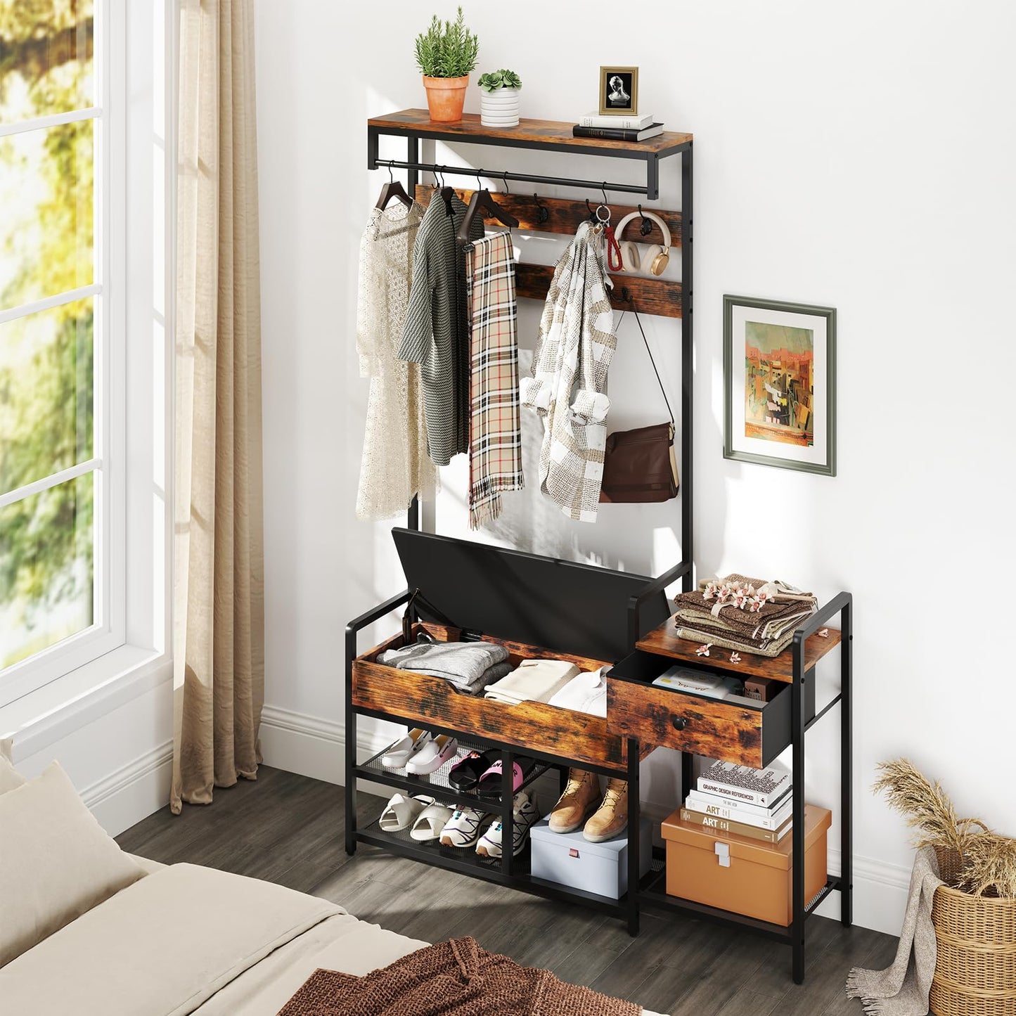 Freestanding Coat Rack with Shoe Rack and Storage Shelf