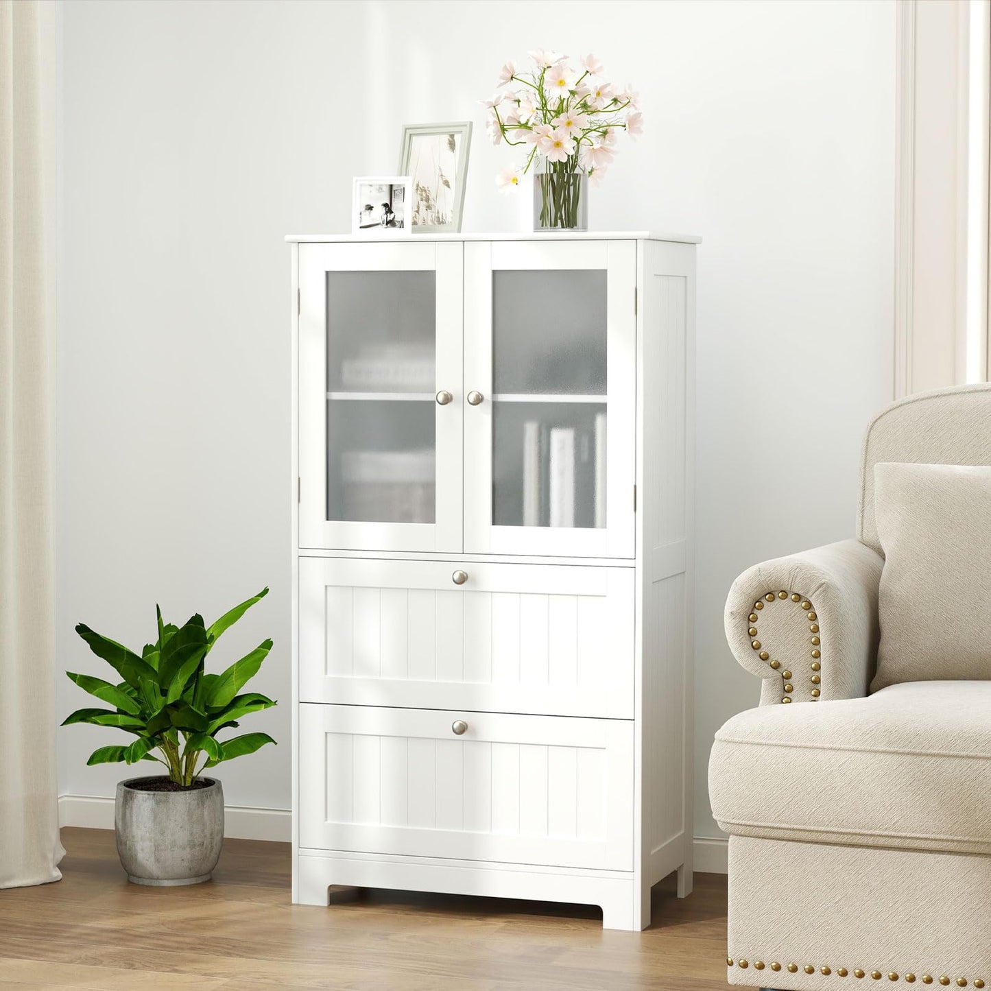 Freestanding Bathroom Storage Cabinet with 2 Frosted Tempered Glass Doors