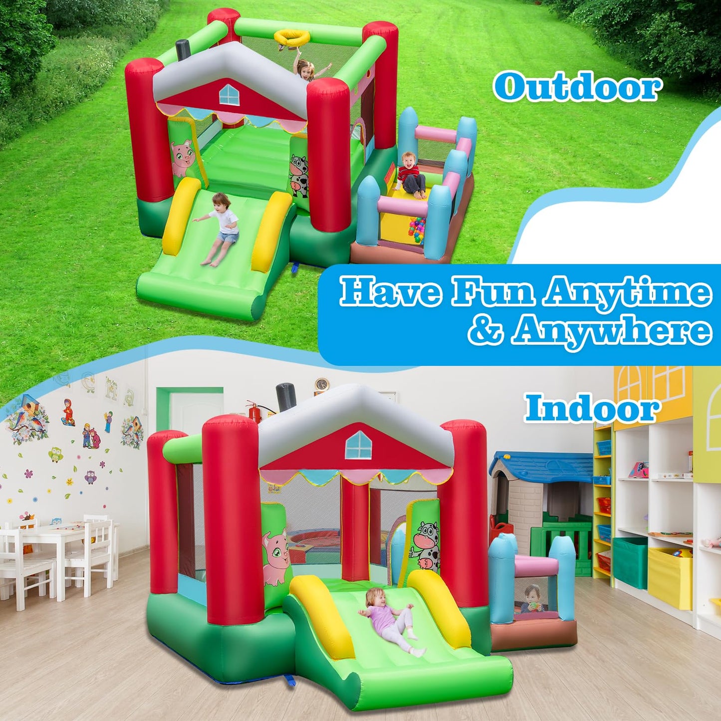 4-in-1 Farm Themed Inflatable Bounce House with 480W Blower