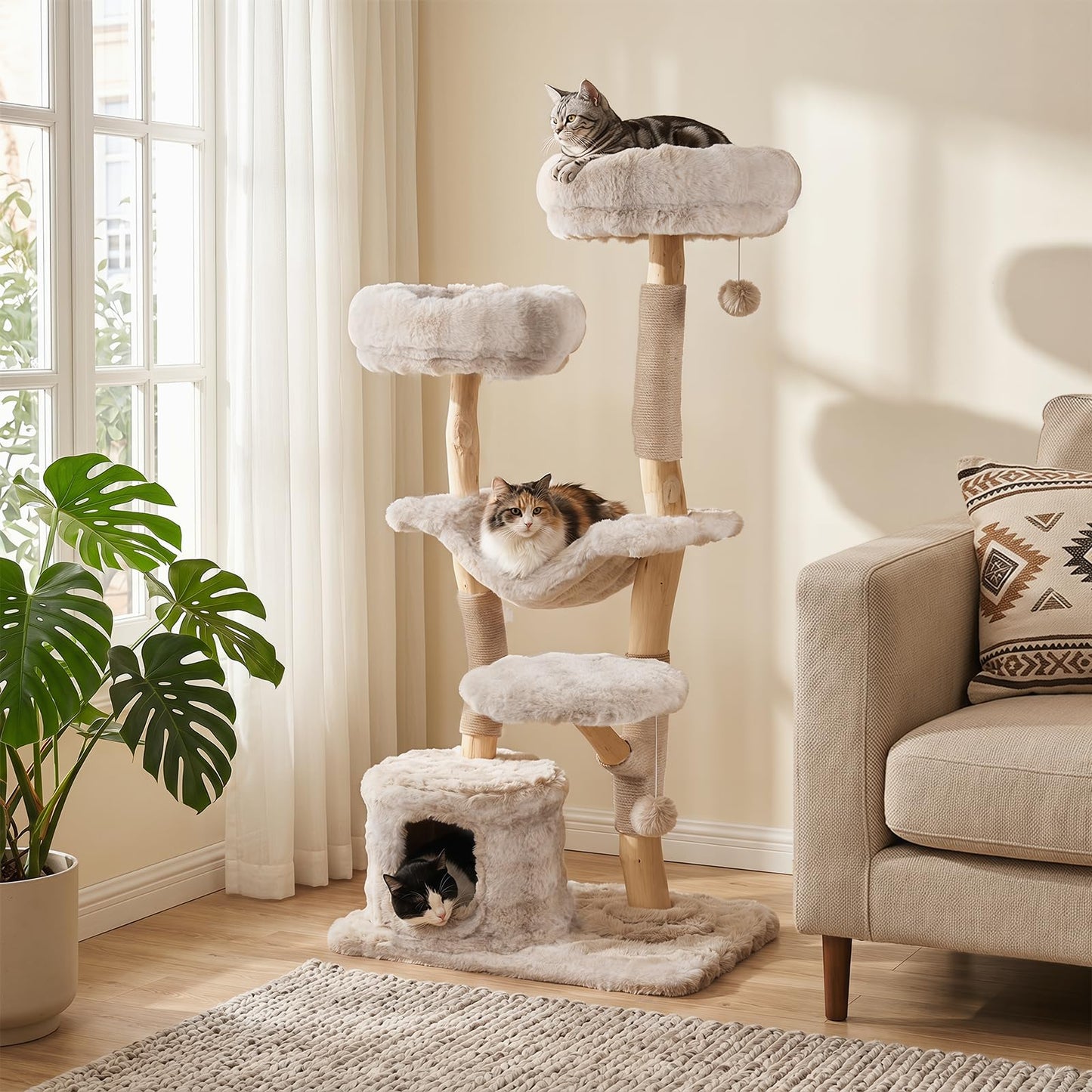 147cm Cat Tree Tower with Cat Cave with Sisal Scratching Poles and 2 Plush Play Balls for Indoor Cats